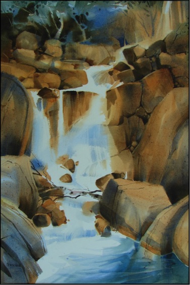 wc painting: Waterfall pouring through a rocky gorge. Deep blue, green forest with rich reddish rocks.